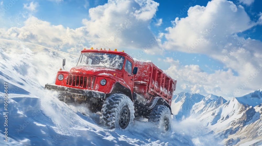 A red truck powers through deep snow in a mountainous landscape, conquering icy challenges under a clear blue sky and fluffy clouds, embodying winter's beauty and adventure. A red truck powers through deep snow in a mountainous landscape, conquering icy challenges under a clear blue sky and fluffy clouds, embodying winter's beauty and adventure.
