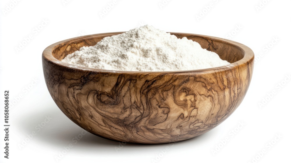 Rustic wooden bowl of white flour, creating a natural and simple cooking look, isolated on white background Rustic wooden bowl of white flour, creating a natural and simple cooking look, isolated on white background