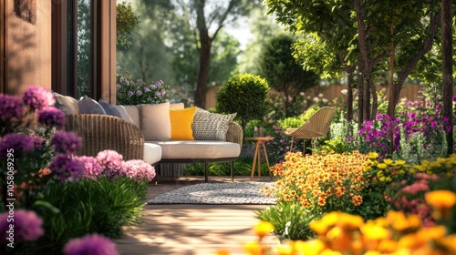 A relaxing outdoor space with a comfortable couch, surrounded by lush greenery and vibrant flowers.