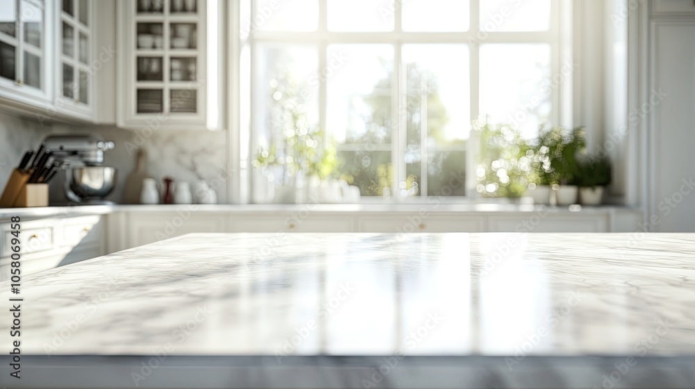 White marble countertop in a modern kitchen with a window view. White marble countertop in a modern kitchen with a window view.
