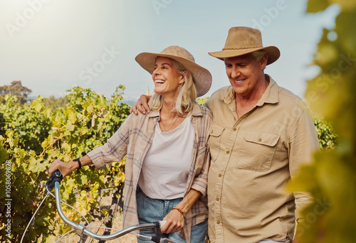 Smile, mature couple and walk in vineyard for countryside, travel and holiday with bicycle. Senior people outdoor, adventure and bonding for retirement together with vacation, tour and sightseeing
