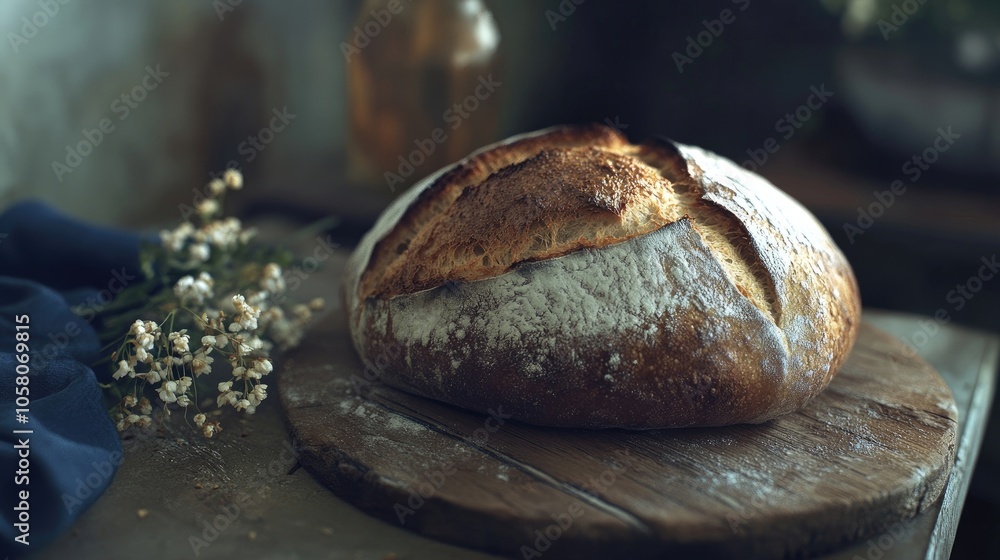 A freshly baked loaf of sourdough bread sits on a rustic wooden board, ready to be sliced and enjoyed. A freshly baked loaf of sourdough bread sits on a rustic wooden board, ready to be sliced and enjoyed.