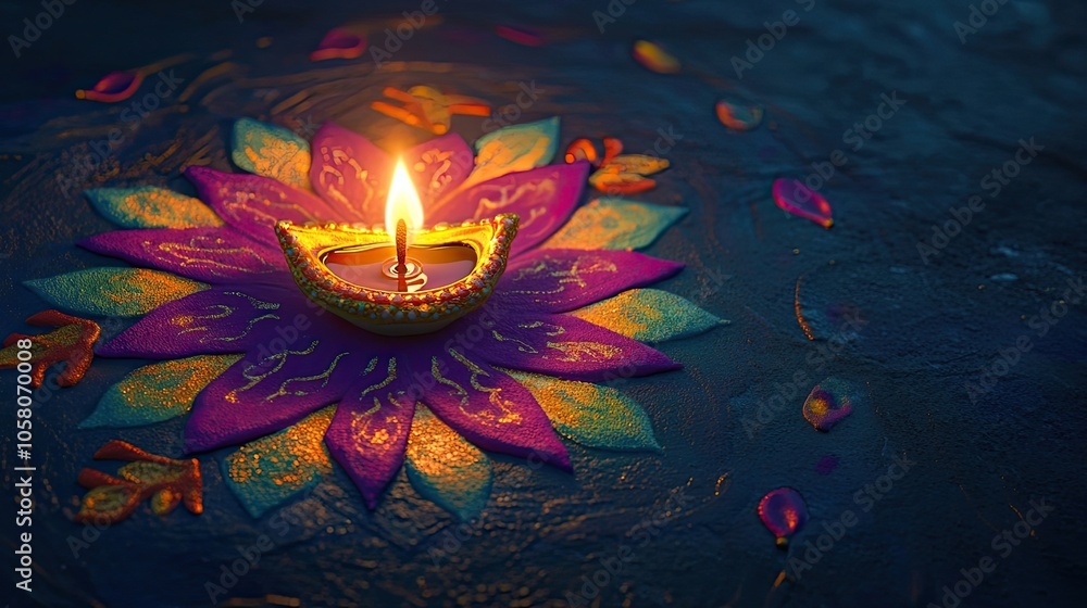 A lit diya sits on a colorful rangoli, a traditional Indian design, creating a warm and inviting atmosphere. A lit diya sits on a colorful rangoli, a traditional Indian design, creating a warm and inviting atmosphere.