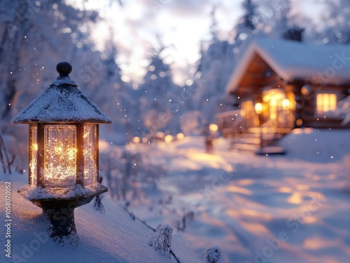 Visiting a winter cabin with glowing AR comfort tools, serene snowy setting, soft natural lighting, photorealistic