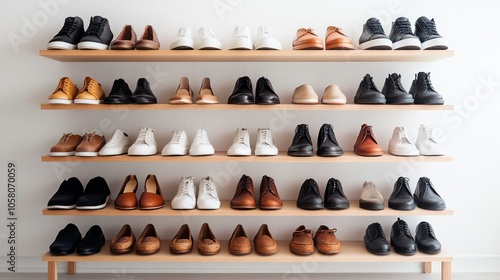 A collection of shoes arranged on wooden shelves against a white wall.