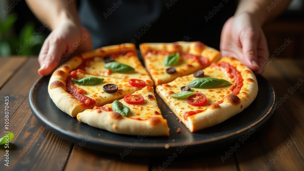 Freshly baked pizza with tomatoes, olives, and basil on a rustic wooden table