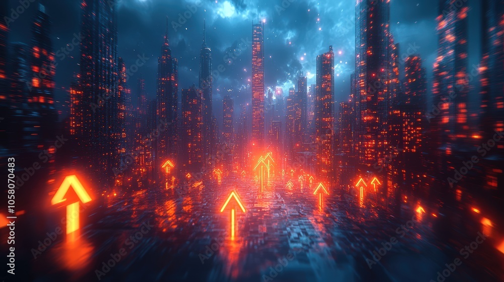 Naklejka premium Glowing arrows pointing upwards, the background is a cityscape with skyscrapers and neon lights