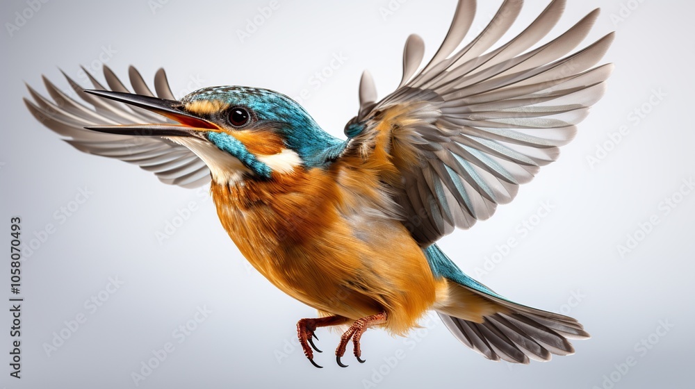A vibrant blue and orange kingfisher with its wings outstretched, soaring against a white background. A vibrant blue and orange kingfisher with its wings outstretched, soaring against a white background.