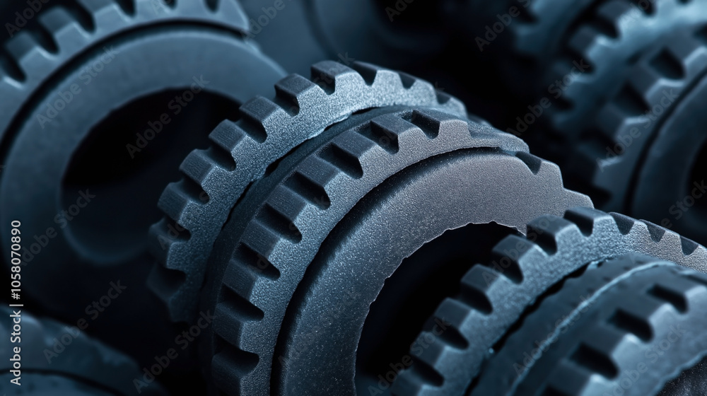 Close-up of interlocking metal gears with a matte surface texture, showcasing mechanical engineering and industrial machinery components in a blue-toned lighting. Close-up of interlocking metal gears with a matte surface texture, showcasing mechanical engineering and industrial machinery components in a blue-toned lighting.