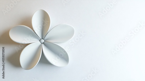 A stylized white paper flower with six petals on a plain white background, with copy space to the right. Generative ai