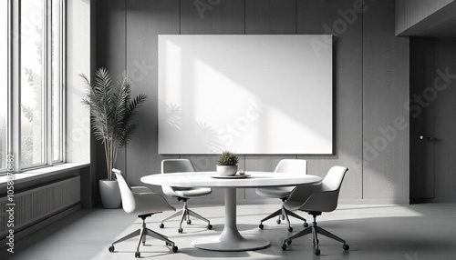 Cartaz em branco em sala de conferências moderna com detalhes em madeira e janelas grandes. Renderização 3D