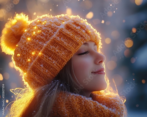 Wearing a winter hat with pompom with glowing AR warmth and style guides, cozy outdoor winter scene, soft natural lighting, photorealistic photo