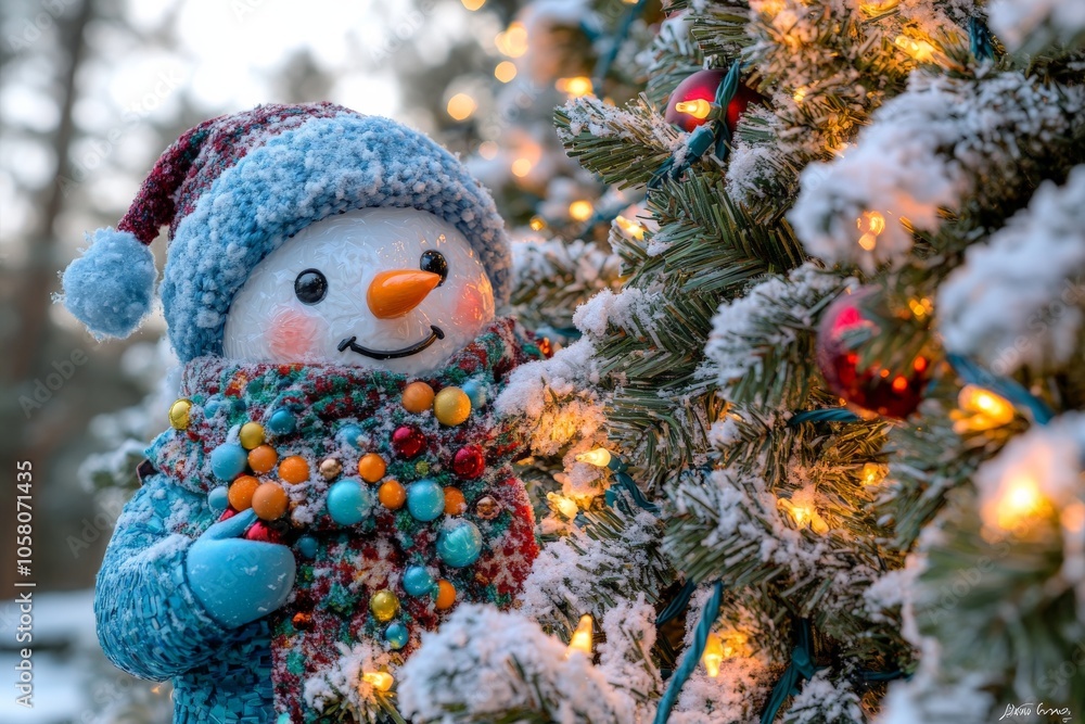 Obraz premium Cheerful snowman in blue knit hat and scarf holding a holiday wreath with berries set in a snowy forest background exuding whimsical holiday warmth and joy