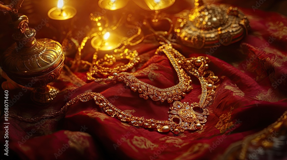Intricate gold jewelry lays on a red fabric, with a warm, candlelit glow. Intricate gold jewelry lays on a red fabric, with a warm, candlelit glow.