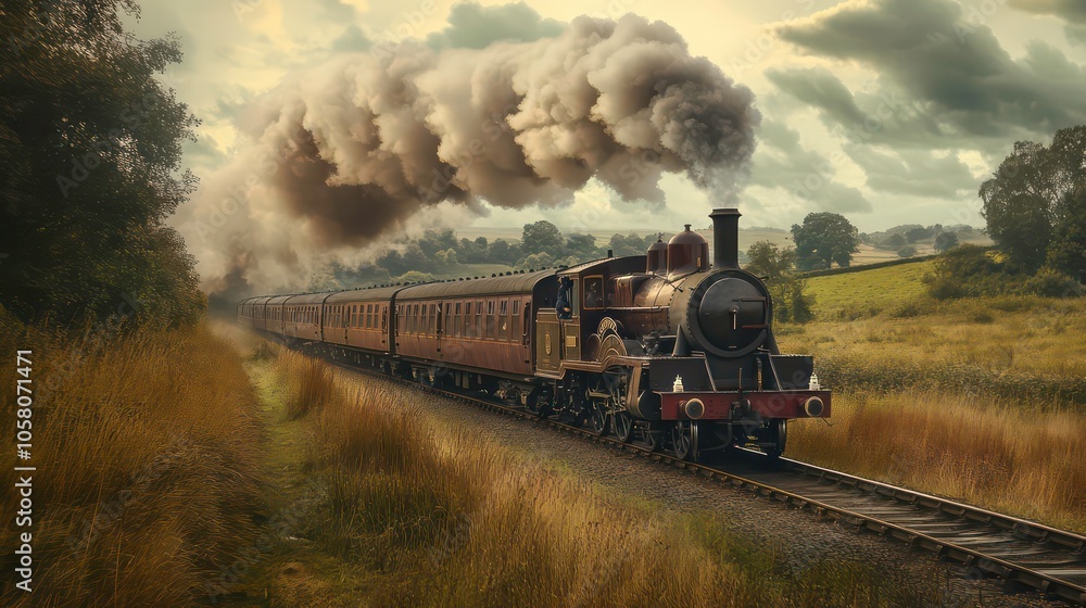 Obraz premium A vintage steam locomotive train with billowing smoke chugs through a rural landscape.