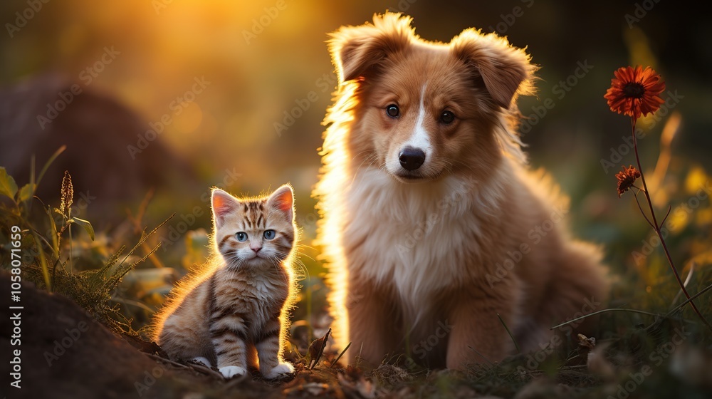A fluffy brown and white puppy sits with a tabby kitten in a grassy field backlit by golden sunlight. A fluffy brown and white puppy sits with a tabby kitten in a grassy field backlit by golden sunlight.