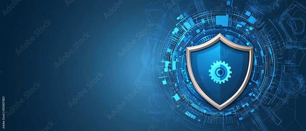 Fototapeta premium Cybersecurity Shield Protection Concept with Gear Icon on Blue Tech Background, Cybersecurity Shield Protection Concept with Gear Icon on Blue T