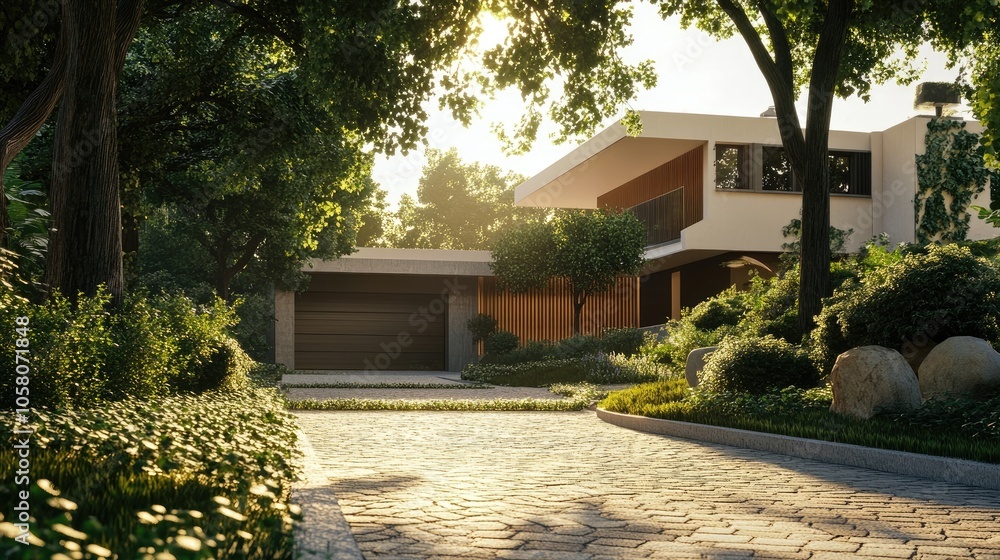 A modern house with a stone driveway and lush greenery in the front yard. A modern house with a stone driveway and lush greenery in the front yard.