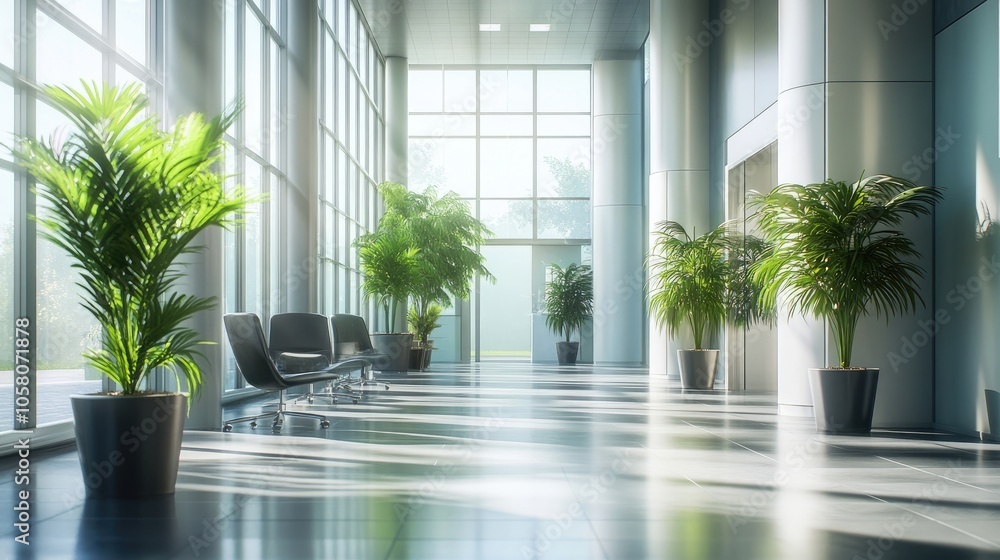 A modern office lobby with large windows, sleek furniture, and potted plants, creating a bright and welcoming atmosphere. A modern office lobby with large windows, sleek furniture, and potted plants, creating a bright and welcoming atmosphere.