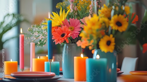 A table setting with bright candles and colorful flowers. The candles are blue, pink and orange. photo