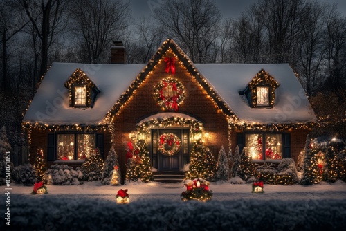 A winter night showcases a charming home adorned with festive decorations, twinkling lights, and a snowy landscape.