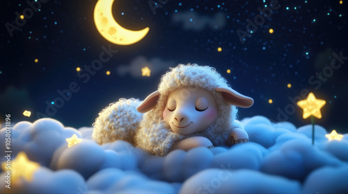 Soft Toy Lamb Sleeping on Cloud with Moon and Stars 