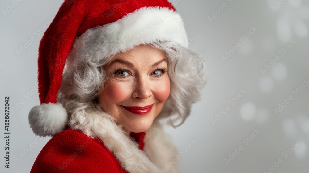 A joyful woman in a red Santa hat and coat smiles warmly against a soft, snowy background during the holiday season A joyful woman in a red Santa hat and coat smiles warmly against a soft, snowy background during the holiday season