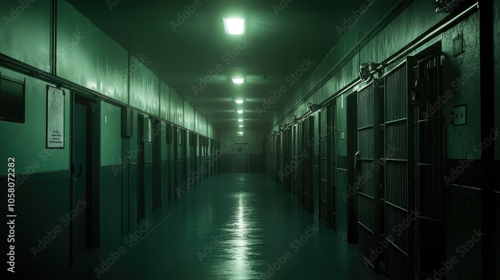 A long, dimly lit hallway with barred doors leading to individual cells, a stark and eerie setting. A long, dimly lit hallway with barred doors leading to individual cells, a stark and eerie setting.