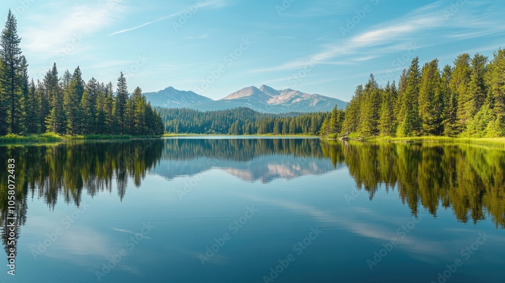 Tranquil lake reflecting the majestic mountains and lush greenery in the distance. Tranquil lake reflecting the majestic mountains and lush greenery in the distance.
