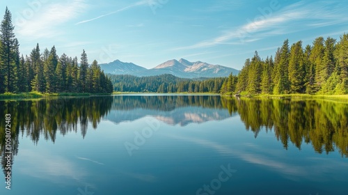 Tranquil lake reflecting the majestic mountains and lush greenery in the distance.