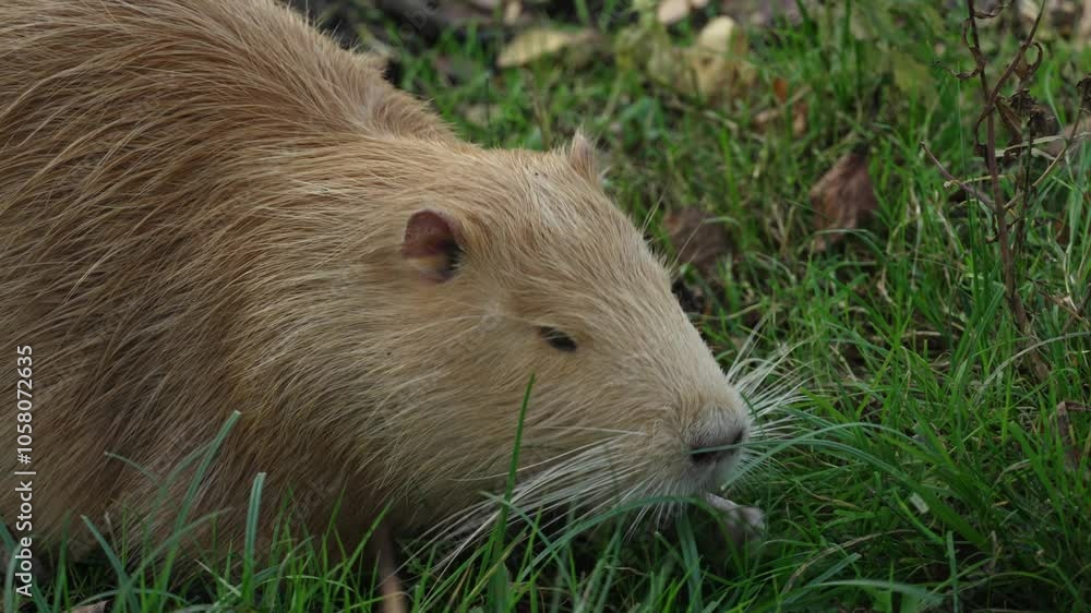 Brown Nutria eating grass with its paws close up. The animal is also called coypu, water rat, semiaquatic rodent or myocastor coypus Brown Nutria eating grass with its paws close up. The animal is also called coypu, water rat, semiaquatic rodent or myocastor coypus