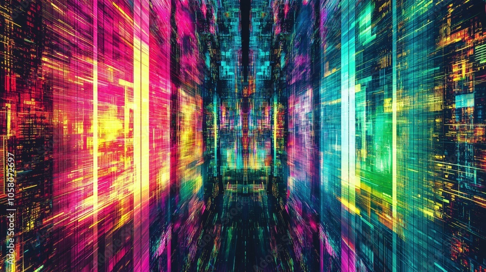 Fototapeta premium Futuristic neon digital matrix with vibrant geometric patterns and dynamic light effects