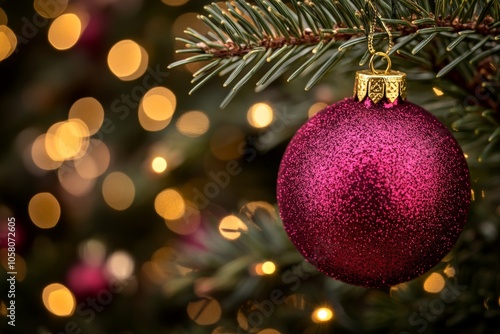 Sparkling pink Christmas bauble hanging from a pine branch illuminated by festive lights adding a pop of color and charm to traditional holiday decor