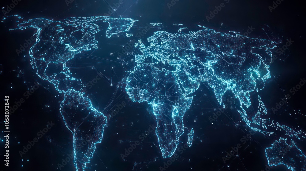 A glowing blue digital map of the world with a network of lines and dots connecting continents. A glowing blue digital map of the world with a network of lines and dots connecting continents.