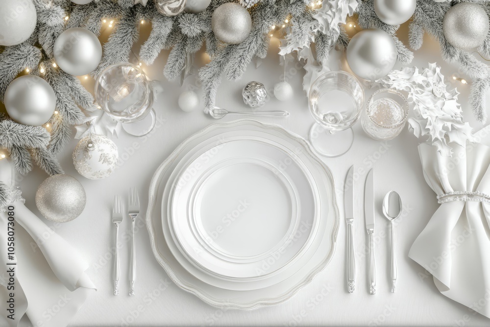 Elegant white luxury Christmas table setting with decorative accents and silver ornaments for a festive holiday gathering in a warm and inviting ambiance Elegant white luxury Christmas table setting with decorative accents and silver ornaments for a festive holiday gathering in a warm and inviting ambiance