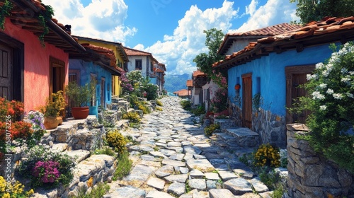 Fototapeta Naklejka Na Ścianę i Meble -  A cobblestone street lined with colorful houses in a small village. The vibrant flowers and lush greenery create a picturesque setting.