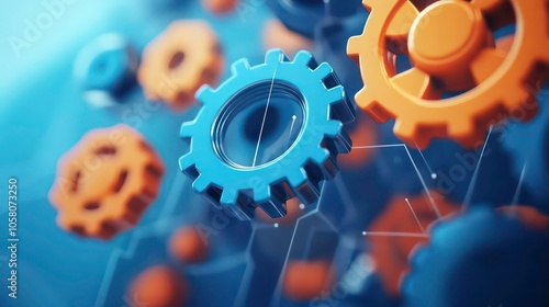 Close-up of blue and orange gears on a digital background. photo