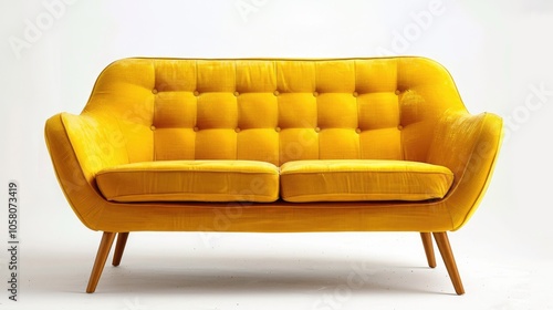 Yellow retro-style sofa with wooden legs on white background