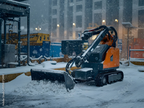 Una pala industrial trabajando en un sitio de construcción bajo fuertes nevadas 