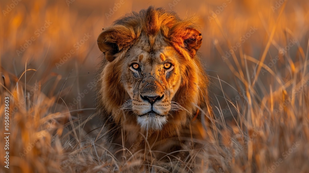 A majestic lion with golden fur stares intensely at the camera A majestic lion with golden fur stares intensely at the camera