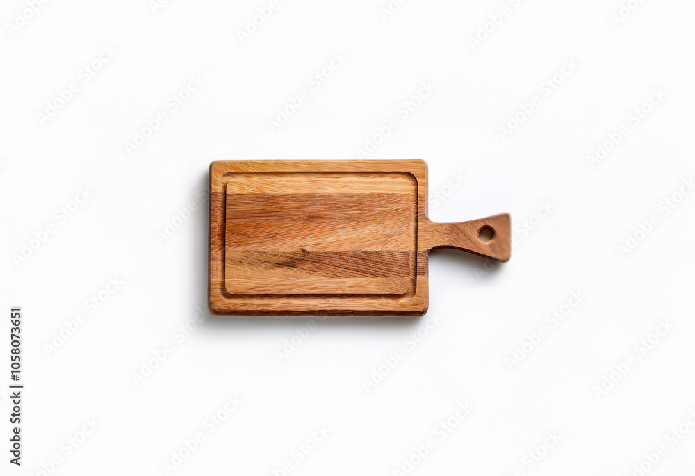 A small, rectangular wooden cutting board with a single handle on the right side. A small, rectangular wooden cutting board with a single handle on the right side.
