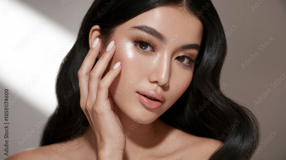 A woman with long black hair and a pretty smile. She is wearing makeup and has her hands on her face A woman with long black hair and a pretty smile. She is wearing makeup and has her hands on her face