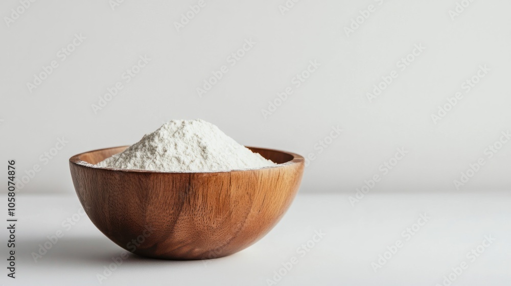 Small wooden bowl filled with flour, capturing a cozy, simple kitchen look, isolated on white background Small wooden bowl filled with flour, capturing a cozy, simple kitchen look, isolated on white background