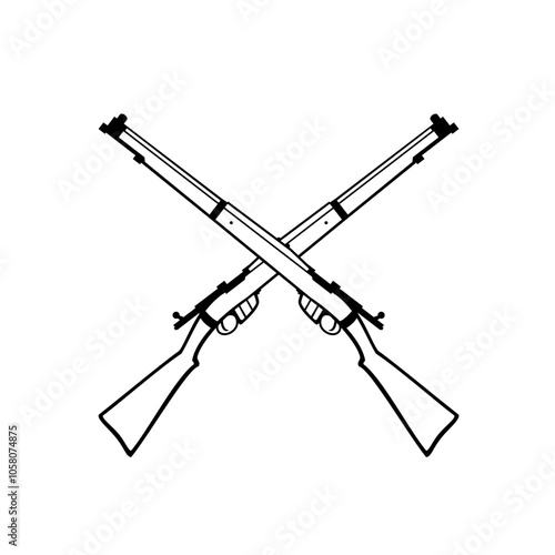 Retro style illustration of a crossed 303 rifle or Lee-Enfield bolt-action, magazine-fed repeating rifle of the military forces of the British Empire and Commonwealth done in black and white.
