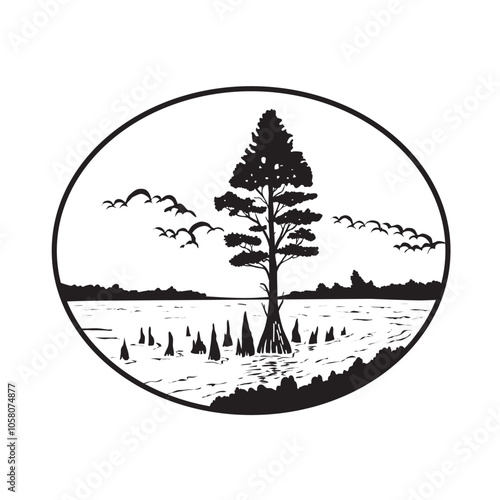 Retro style illustration of a bald cypress or Taxodium distichum on swamp or river delta set inside oval shape on isolated background done in black and white.
