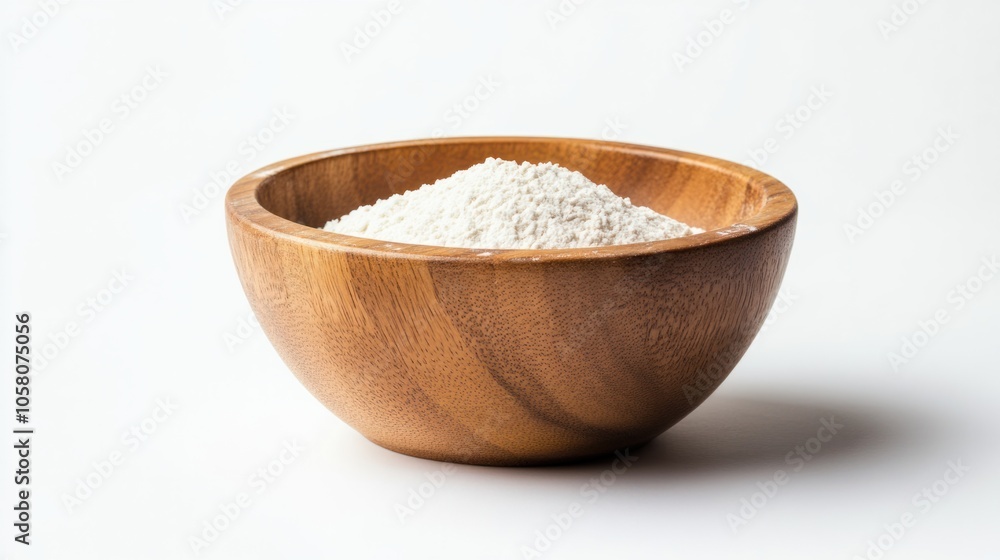 Small wooden bowl filled with flour, capturing a cozy, simple kitchen look, isolated on white background Small wooden bowl filled with flour, capturing a cozy, simple kitchen look, isolated on white background