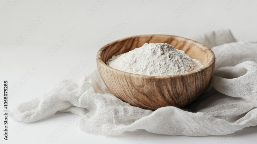 Small wooden bowl filled with flour, capturing a cozy, simple kitchen look, isolated on white background Small wooden bowl filled with flour, capturing a cozy, simple kitchen look, isolated on white background