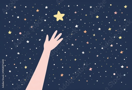 Hand reaching for star among colorful night sky stars