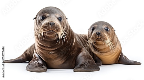 Two sea lions, one larger and one smaller, face the camera with a white background. photo