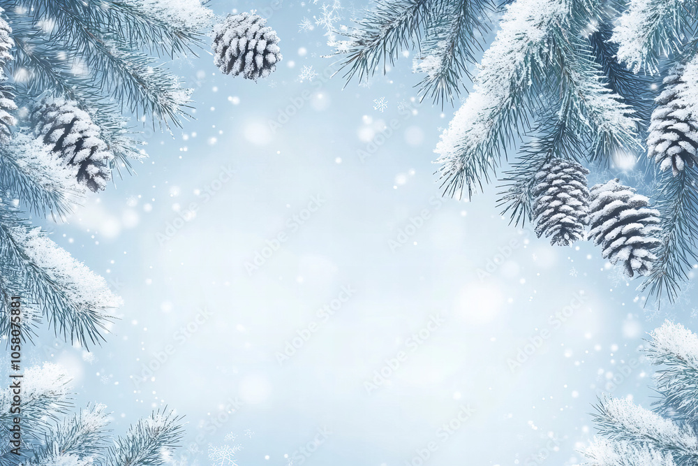 Snowy Pine Tree Backgroundwith Copy Space in Winter Wonderland Scenery with Blue Sky, Ideal for Holiday and Seasonal Design Themes Snowy Pine Tree Backgroundwith Copy Space in Winter Wonderland Scenery with Blue Sky, Ideal for Holiday and Seasonal Design Themes